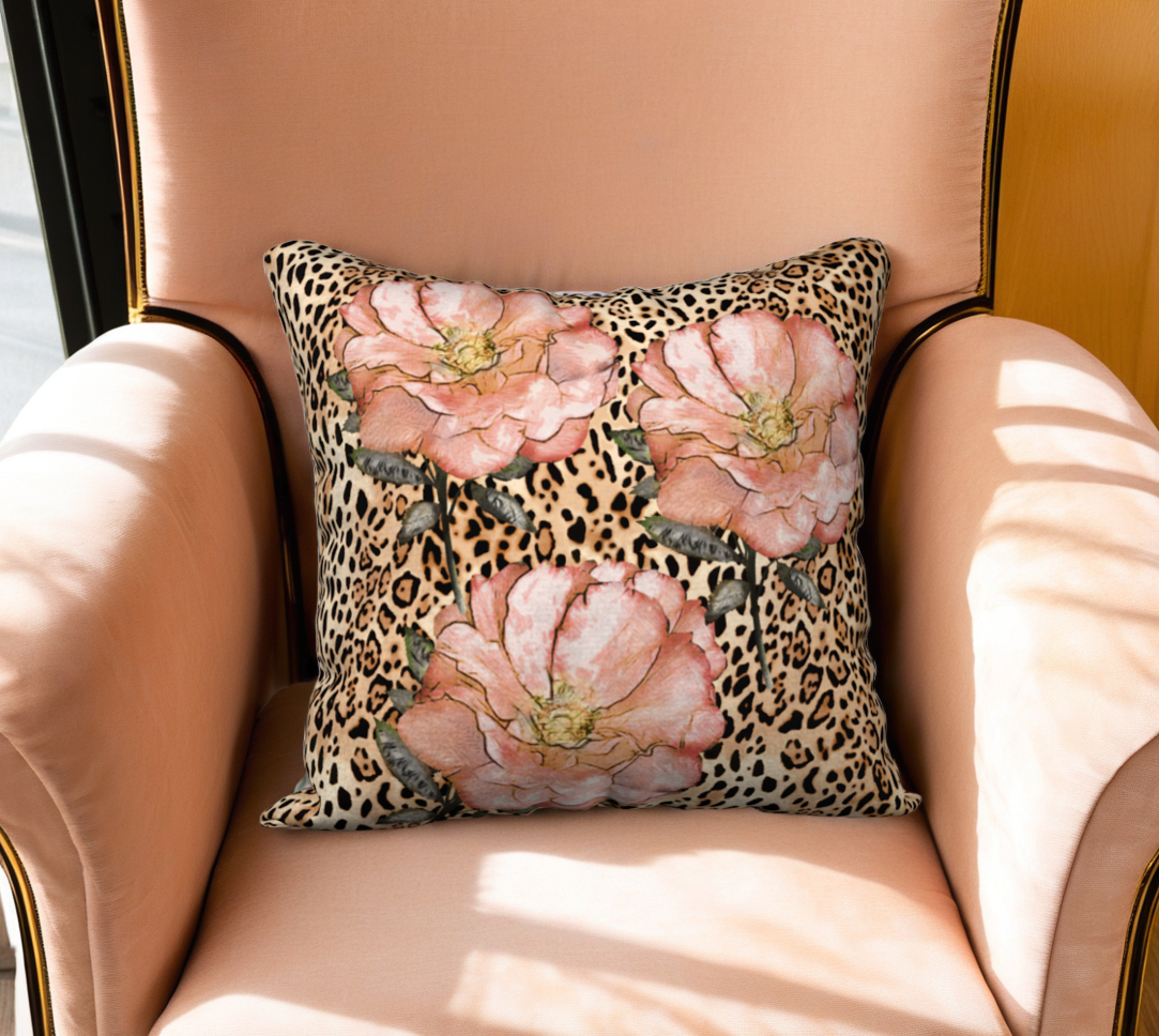 Pink Roses on Leopard Print Velveteen Pillow Cover - 18" x 18"