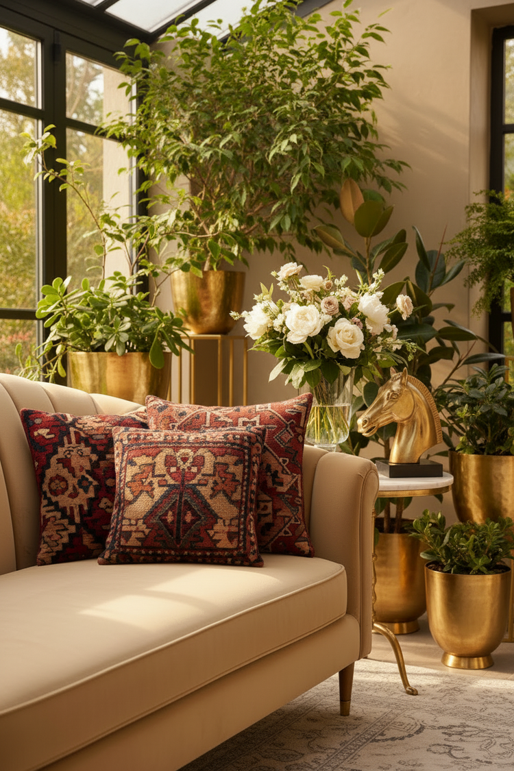 A beige upholstered sofa in a sunlit room with patterned throw pillows, surrounded by potted green plants in gold planters and a vase of white flowers on a small gold side table.
