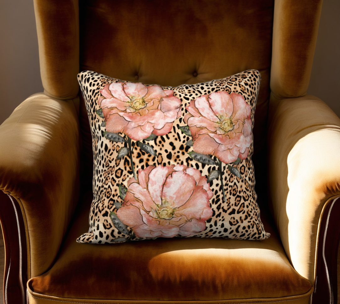 Pink Roses on Leopard Print Velveteen Pillow Cover  - 18" x 18"