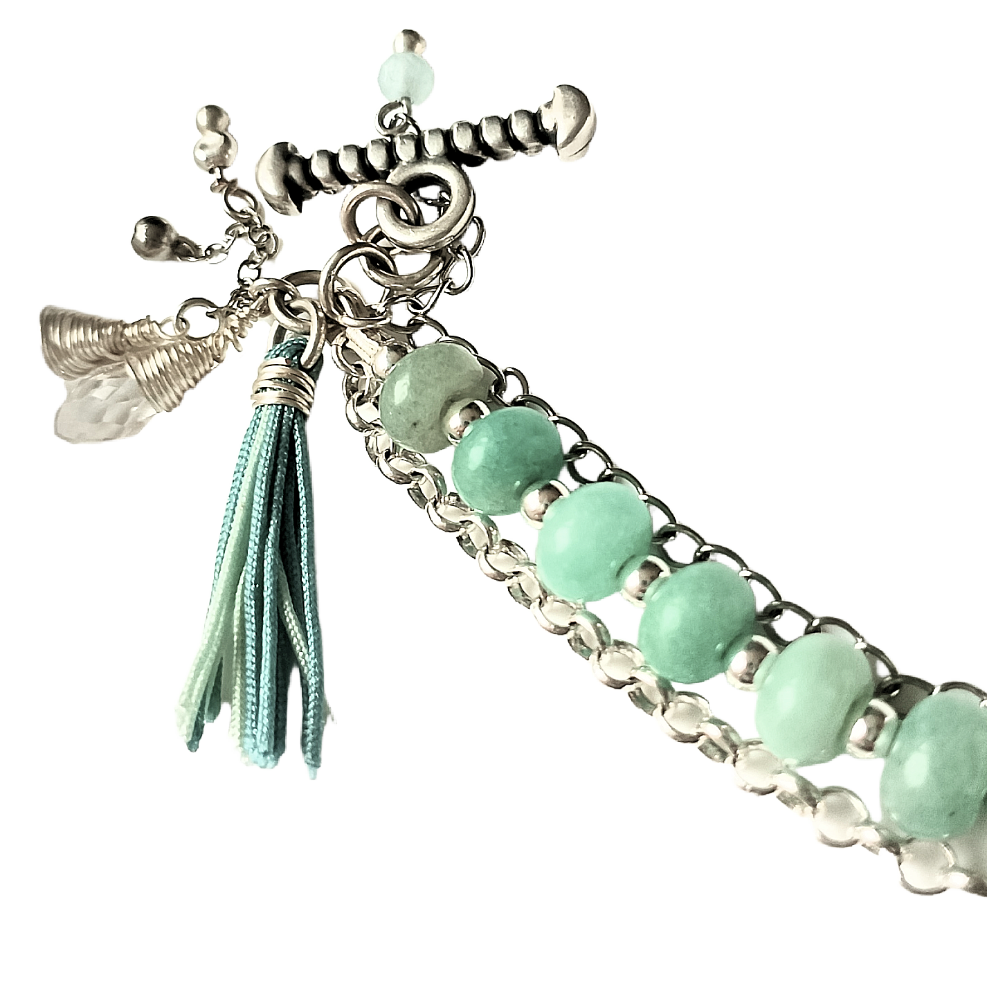 Amazonite Rondelle Bead & Two Chains and Charm Cluster Three-Strand Bracelet