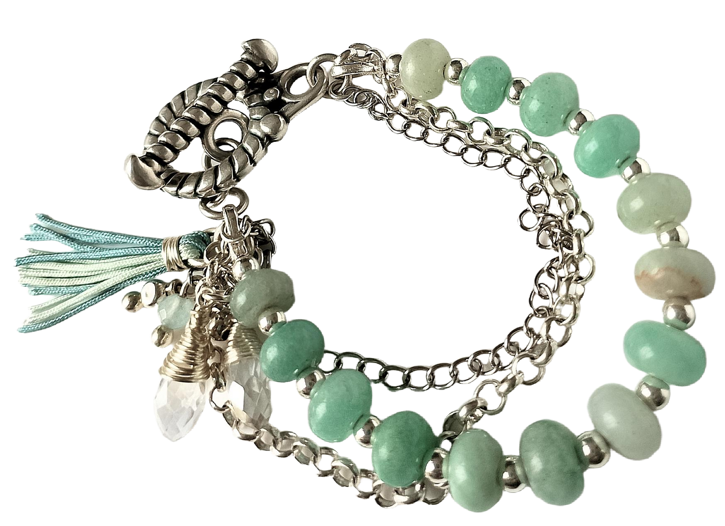 Amazonite Rondelle Bead & Two Chains and Charm Cluster Three-Strand Bracelet
