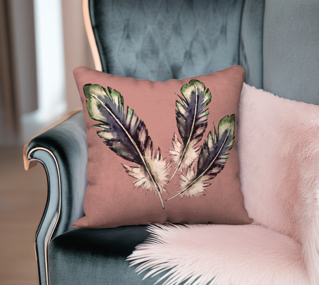 Three Feathers on Dusty Rose Velveteen Pillow Cover - 18" x 18"