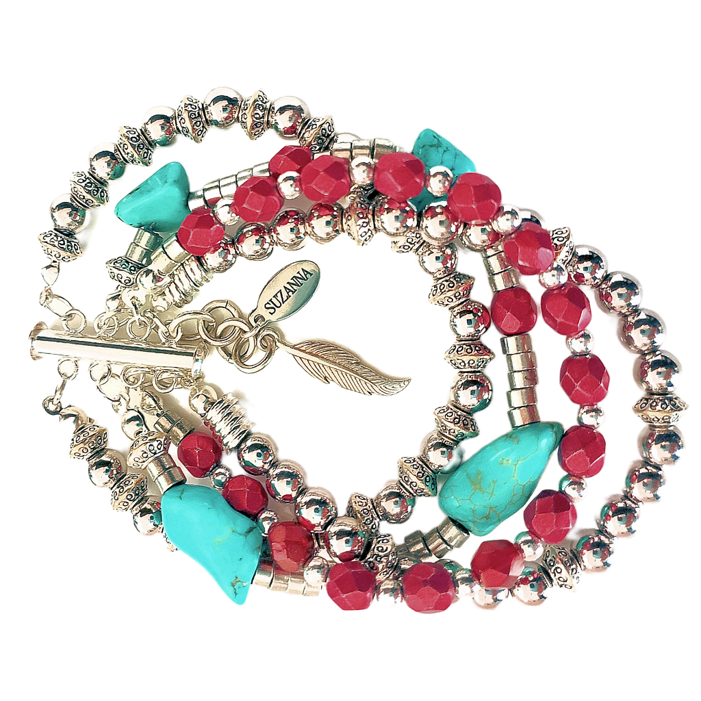 Natural Turquoise Stone, Czech Glass & Sterling Silver Beads Five-Strand Bracelet