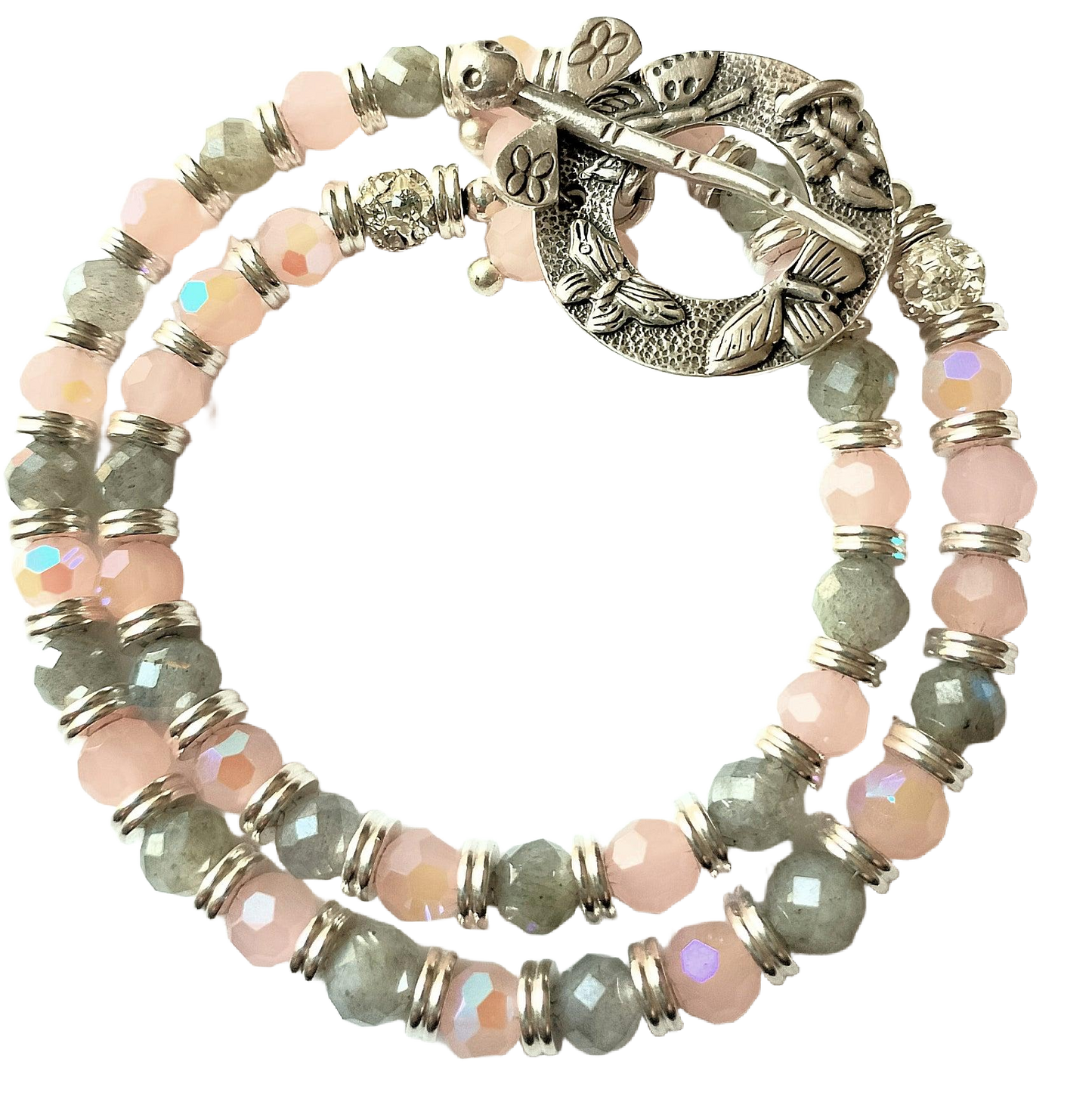 Faceted Labradorite Beads, Faceted Peach Opal AB Crystals & Sterling Silver Two-Strand Convertible Necklace/Wrap Bracelet