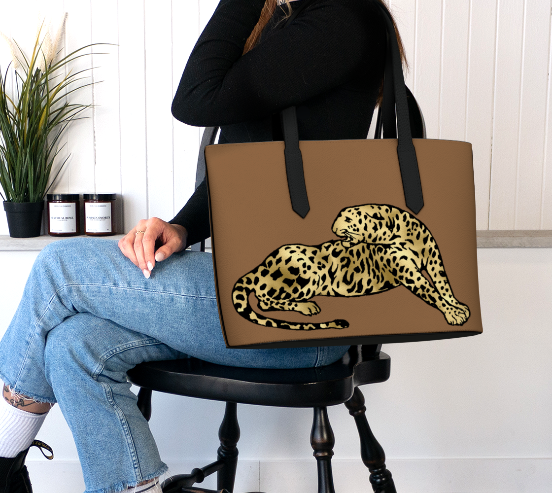 SDD Signature Leopard on Rich Tan Vegan Leather Tote Bag