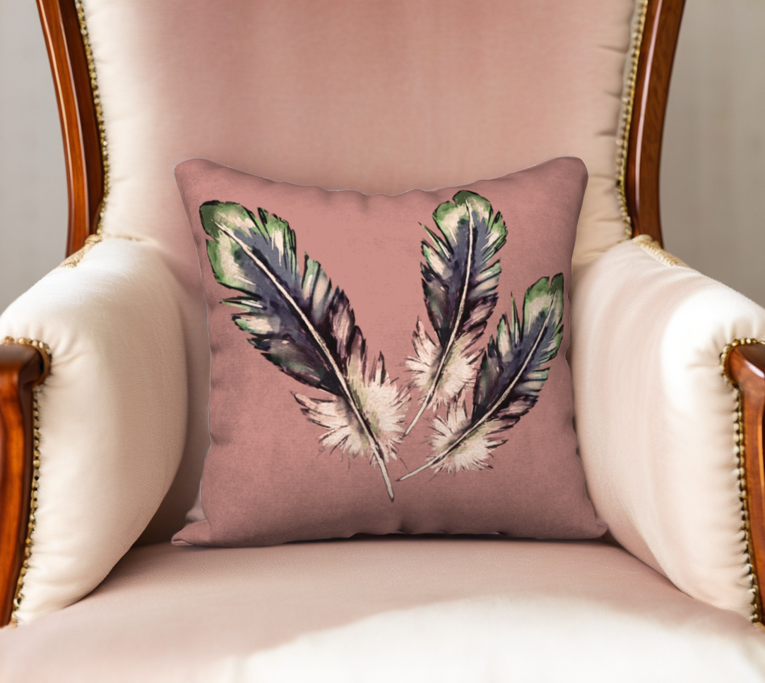 Three Feathers on Dusty Rose Velveteen Pillow Cover - 18" x 18"
