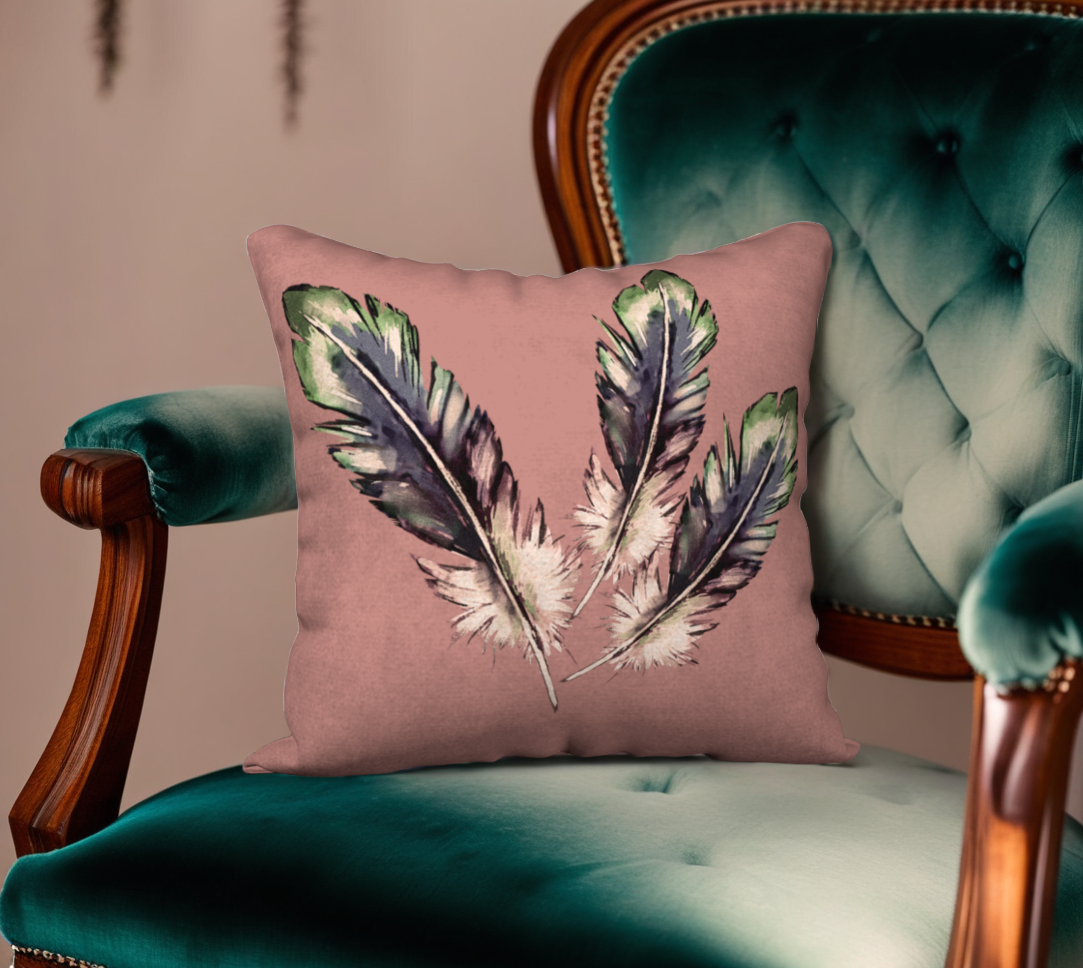Three Feathers on Dusty Rose Velveteen Pillow Cover - 18" x 18"