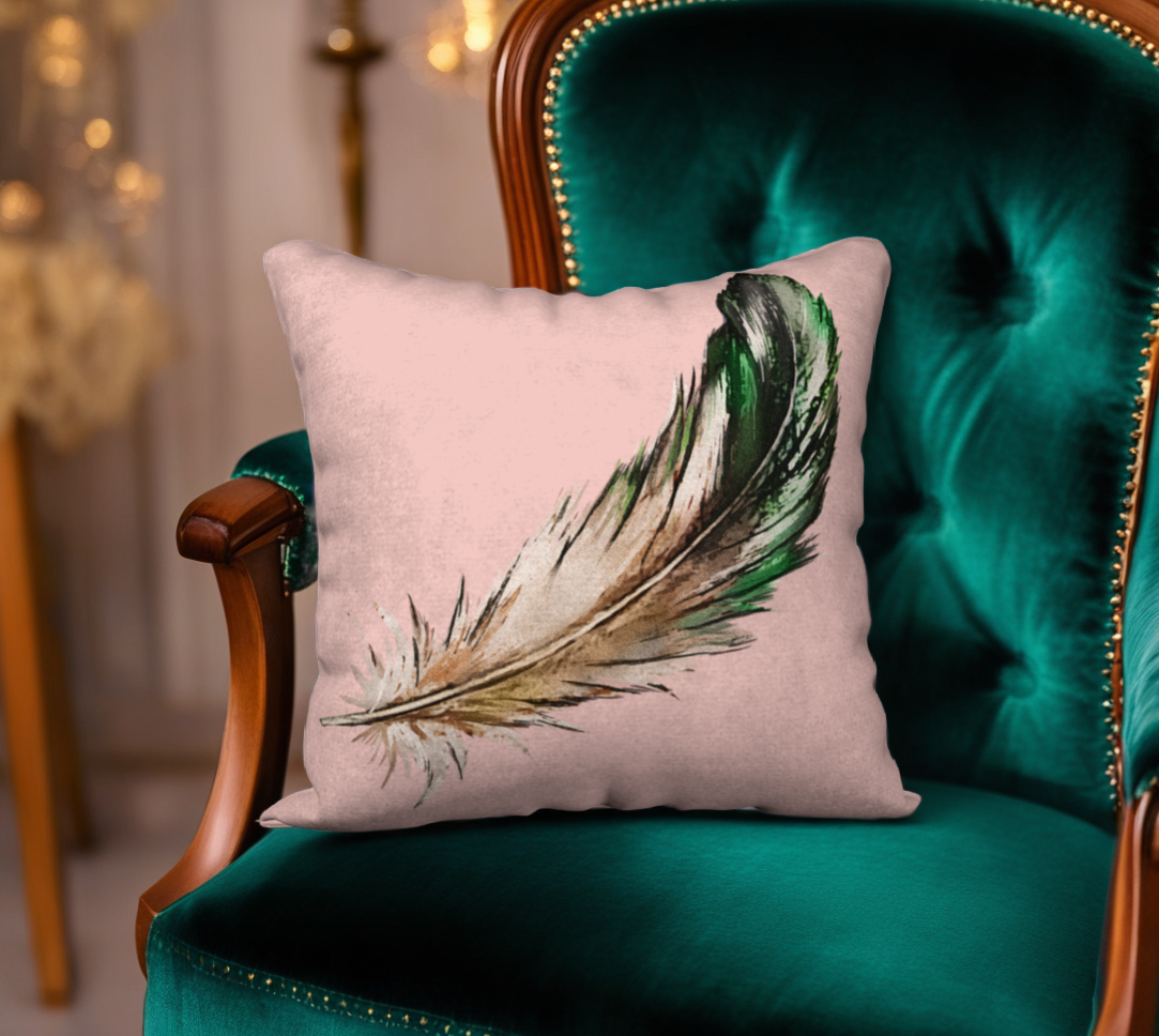 Green Feather on Blush Pink Velveteen Pillow Cover  - 18" x 18"
