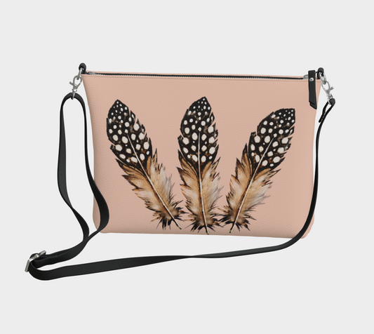 Three Spotted Feathers on Antique Coral Vegan Leather Crossbody Purse