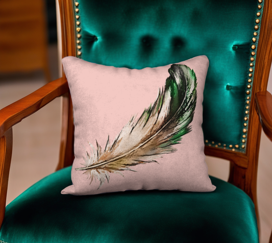 Green Feather on Blush Pink Velveteen Pillow Cover  - 18" x 18"