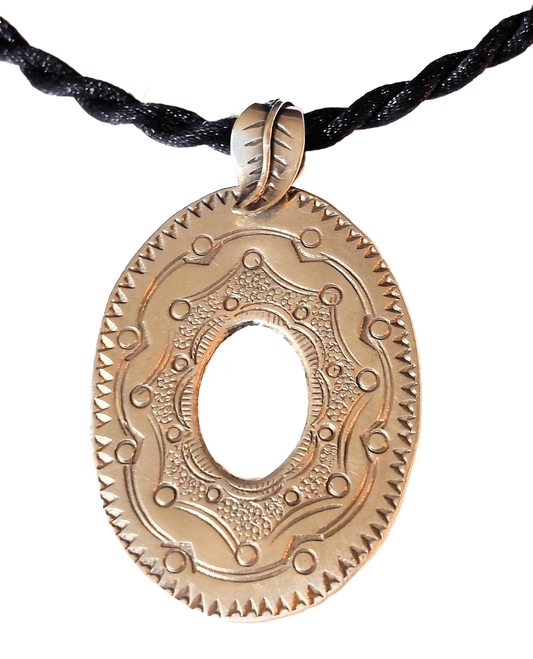 Hill Tribe Fine Silver Oval Donut Pendant on Black Satin Twisted Cord Necklace