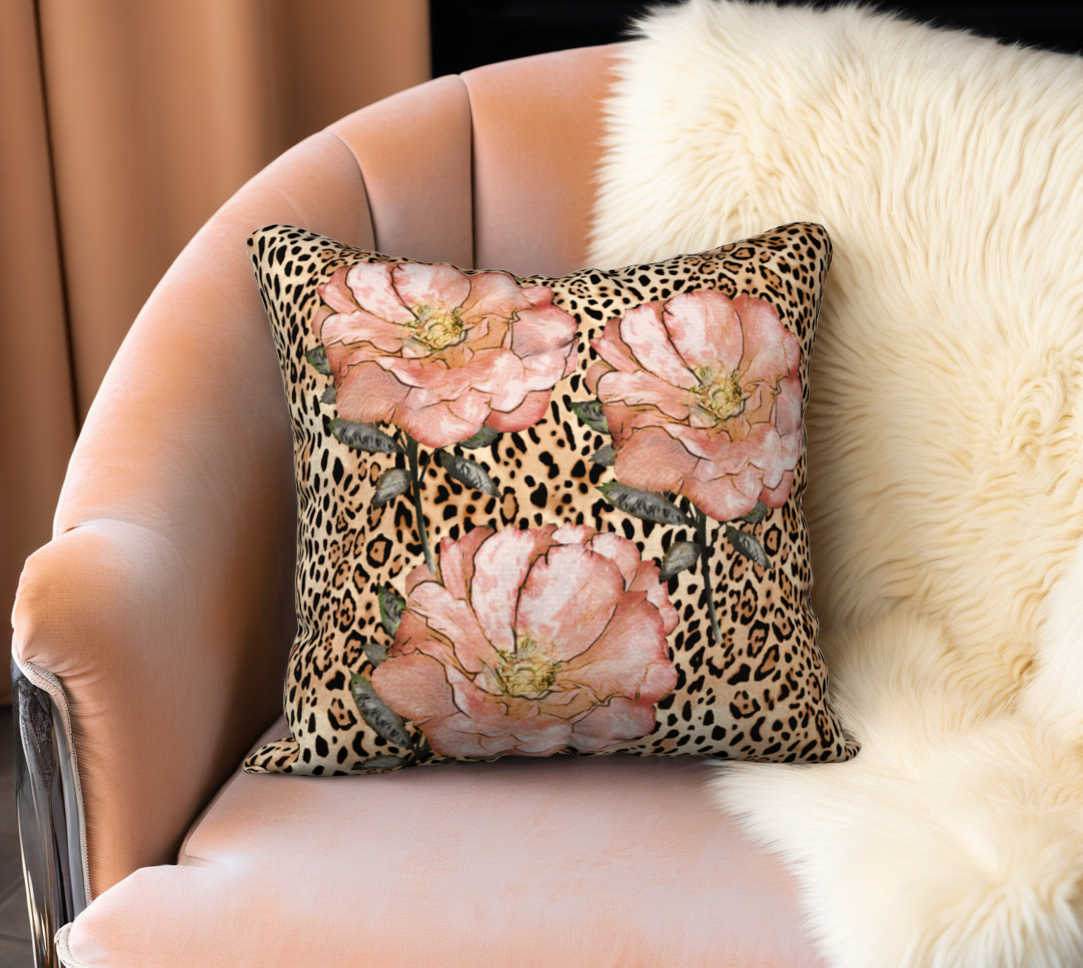 Pink Roses on Leopard Print Velveteen Pillow Cover  - 18" x 18"