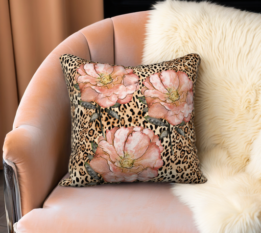 Pink Roses on Leopard Print Velveteen Pillow Cover  - 18" x 18"