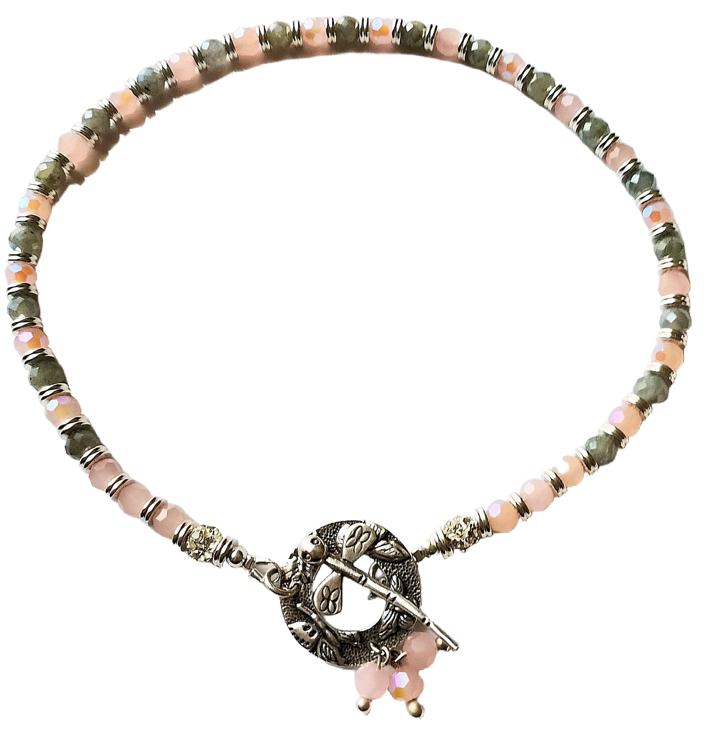 Faceted Labradorite Beads, Faceted Peach Opal AB Crystals & Sterling Silver Two-Strand Convertible Necklace/Wrap Bracelet