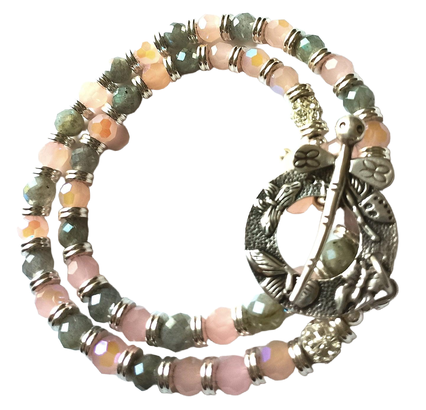 Faceted Labradorite Beads, Faceted Peach Opal AB Crystals & Sterling Silver Two-Strand Convertible Necklace/Wrap Bracelet