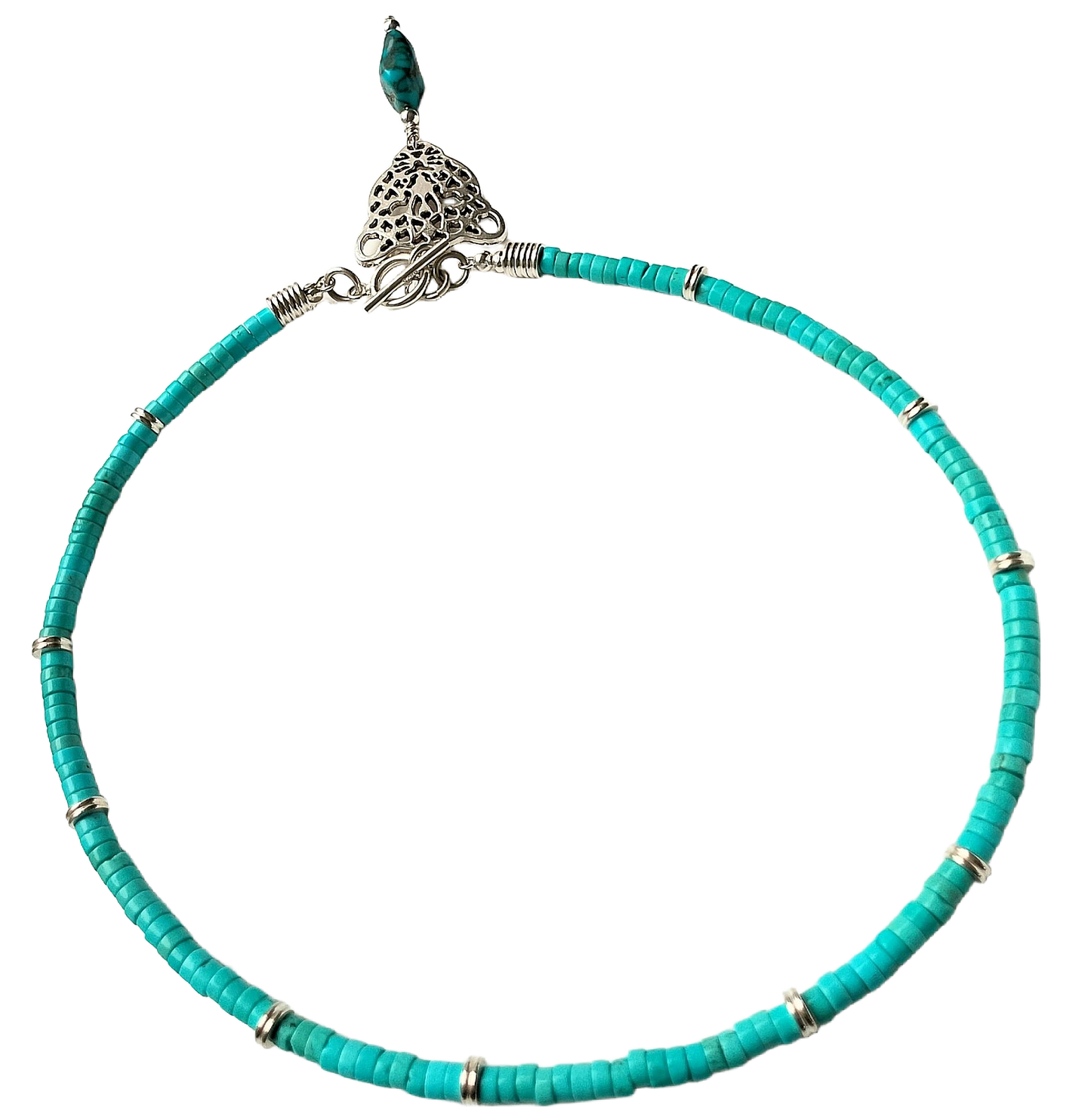 Fierce & Fabulous Silver-Plated Leopard Head Pendant with Natural Turquoise Nugget & Heishi Necklace