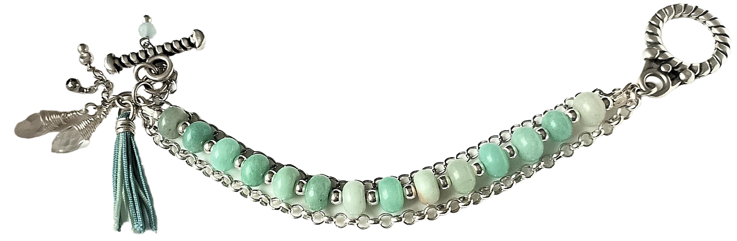 Amazonite Rondelle Bead & Two Chains and Charm Cluster Three-Strand Bracelet