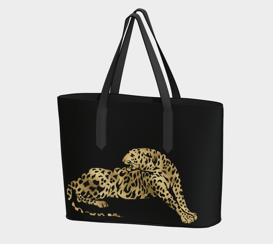 SDD Signature Leopard on Black Vegan Leather Tote Bag