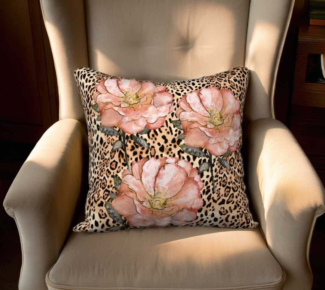 Pink Roses on Leopard Print Velveteen Pillow Cover  - 18" x 18"