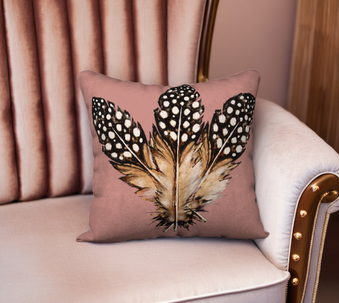 Three Spotted Feathers on Smoky Rose Velveteen Decorative Pillow - 18" x 18"