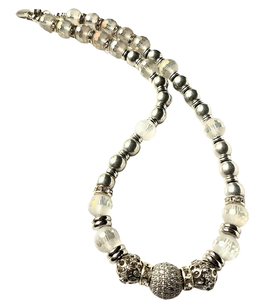 Czech Glass Silver Druk Beads, Faceted Frosted Glass Beads, Rhinestones & Pave Focal Convertible Choker Necklace/Wrap Bracelet