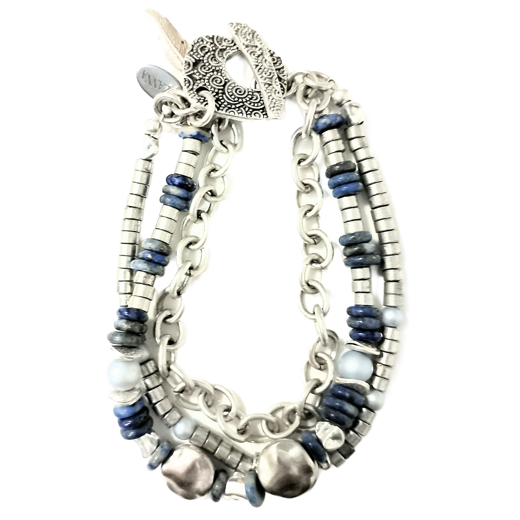 Denim Lapis Lazuli & Silver Heishi Three-Strand Bracelet