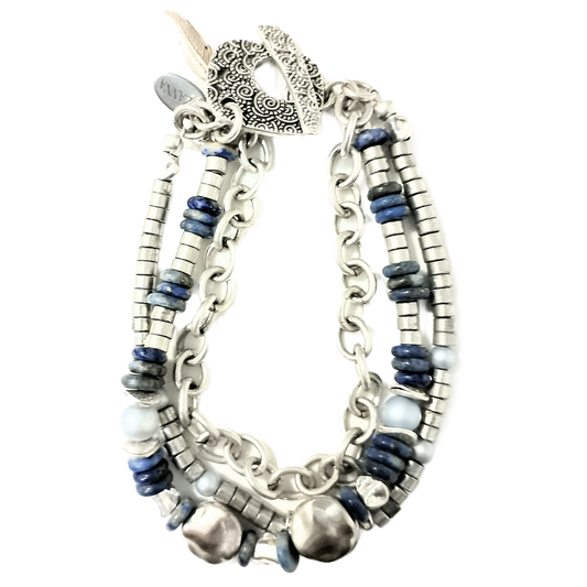 Denim Lapis Lazuli & Silver Heishi Three-Strand Bracelet