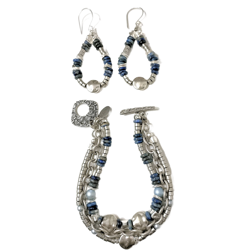 Denim Lapis Lazuli & Silver Heishi Three-Strand Bracelet