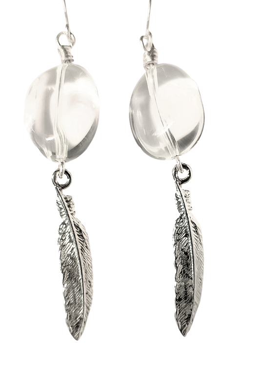 Polished Rock Crystal Quartz Earrings with Sterling Silver-Plated Pewter Feather Charm