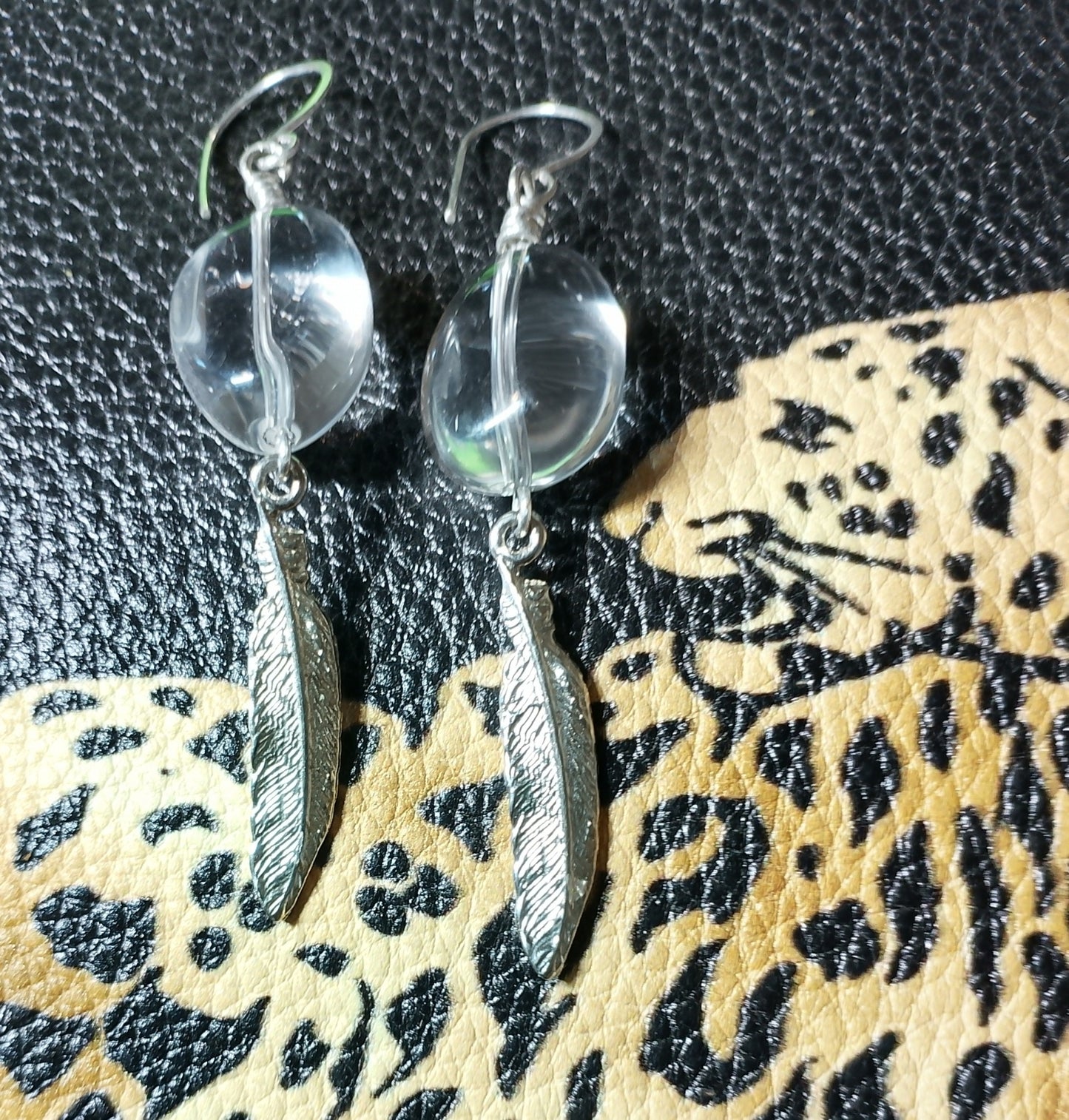 Polished Rock Crystal Quartz Earrings with Sterling Silver-Plated Pewter Feather Charm