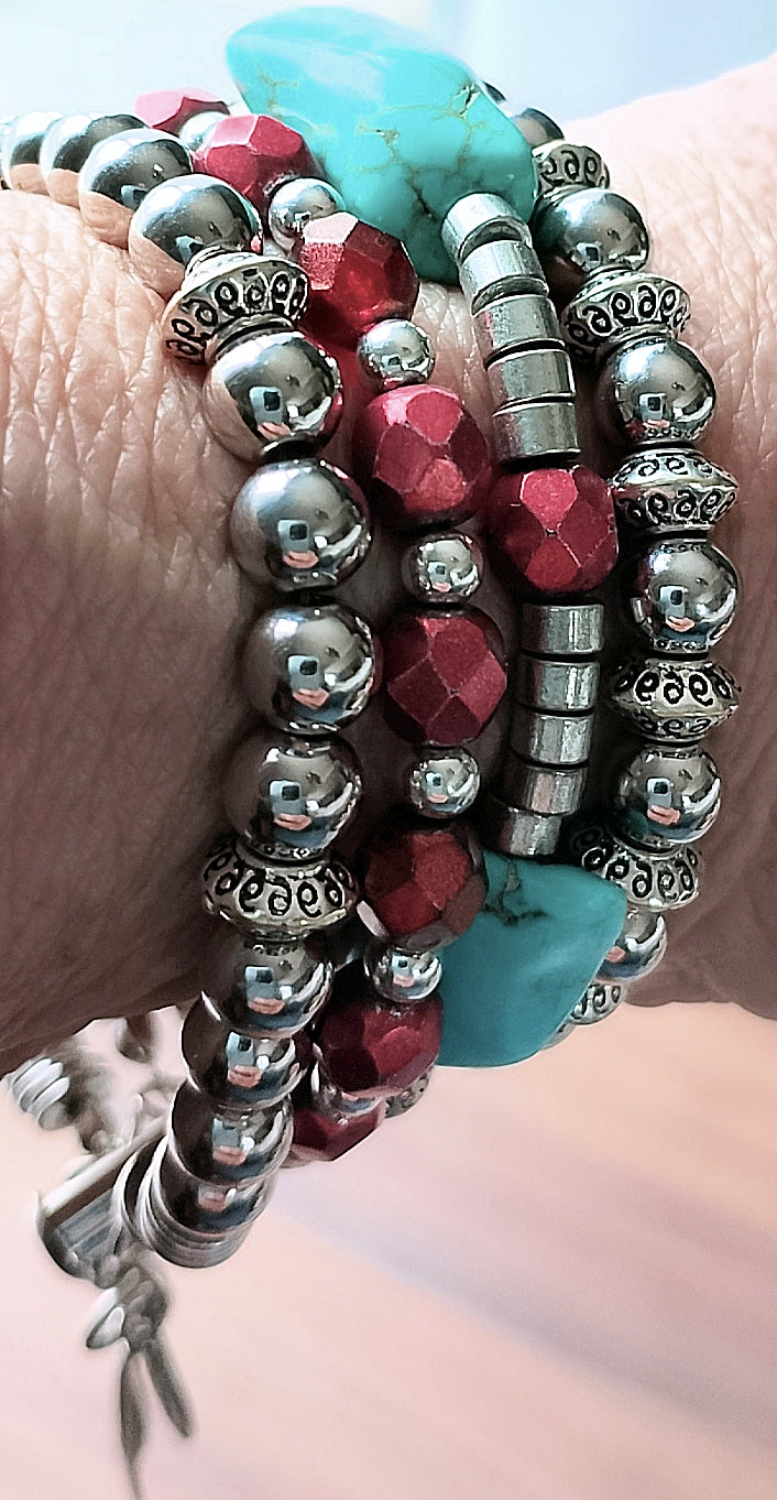 Natural Turquoise Stone, Czech Glass & Sterling Silver Beads Five-Strand Bracelet