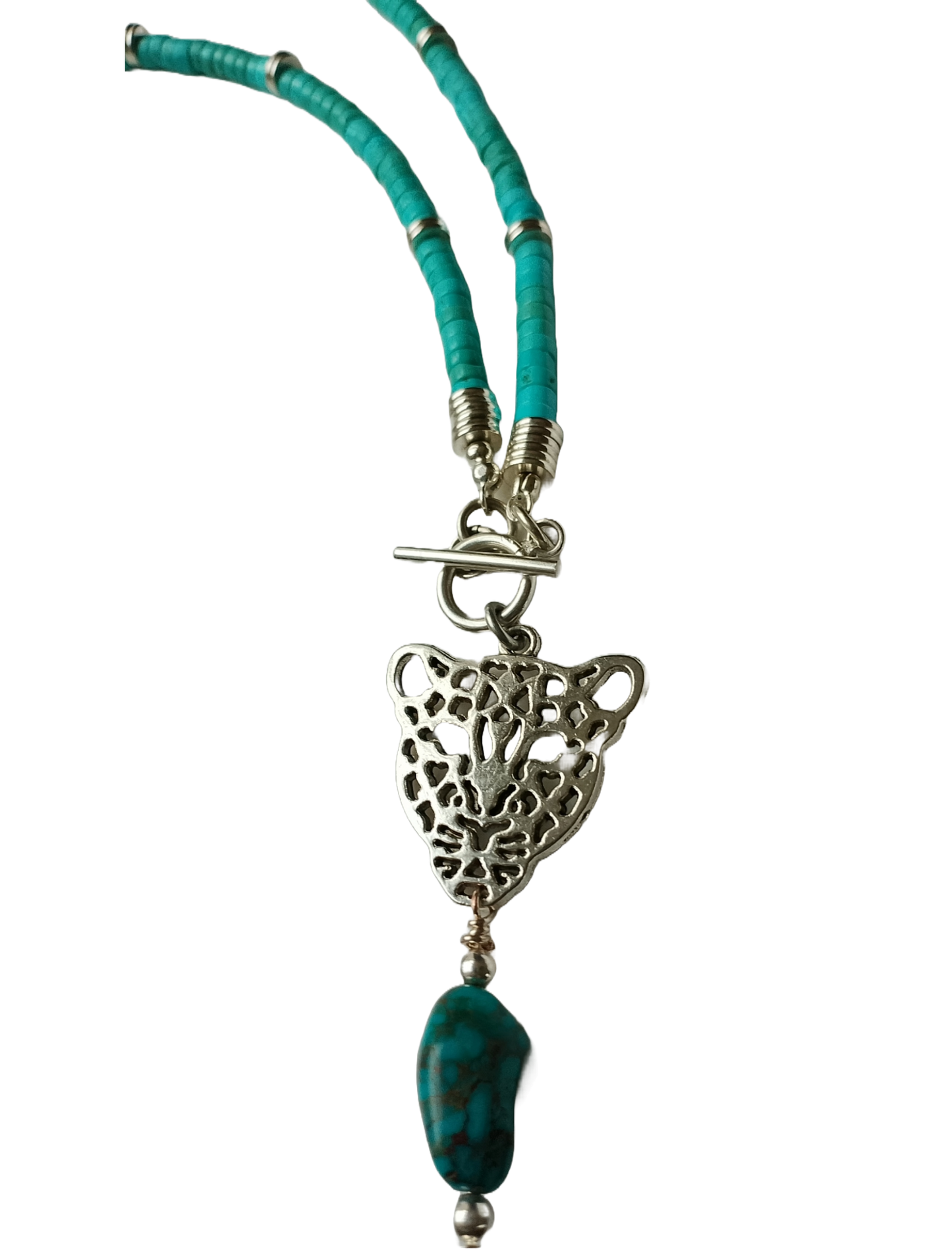 Fierce & Fabulous Silver-Plated Leopard Head Pendant with Natural Turquoise Nugget & Heishi Necklace