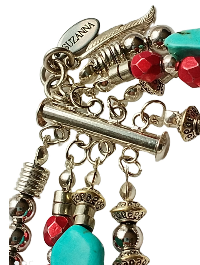 Natural Turquoise Stone, Czech Glass & Sterling Silver Beads Five-Strand Bracelet