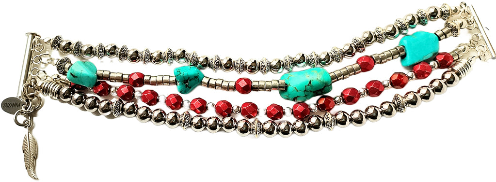 Natural Turquoise Stone, Czech Glass & Sterling Silver Beads Five-Strand Bracelet