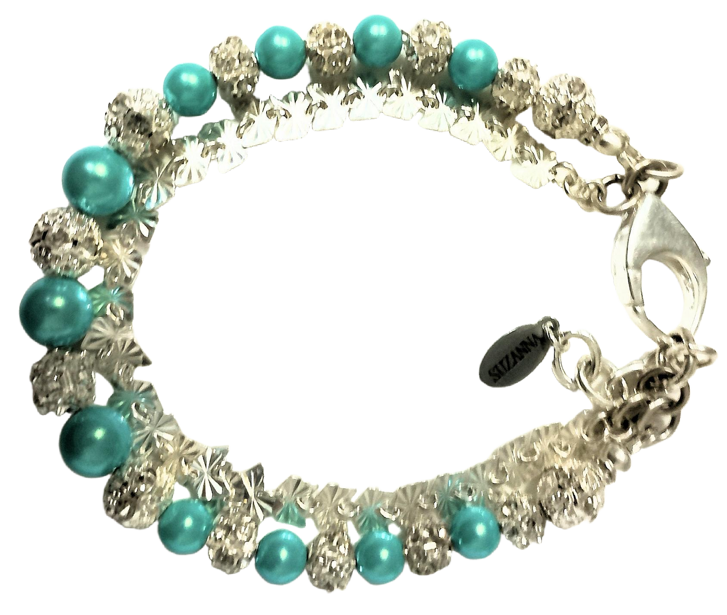 Iridescent Turquoise Green Czech Glass Crystal Pearls, Silver Filigree Beads & Sterling Silver Butterfly Chain Two-Strand Bracelet