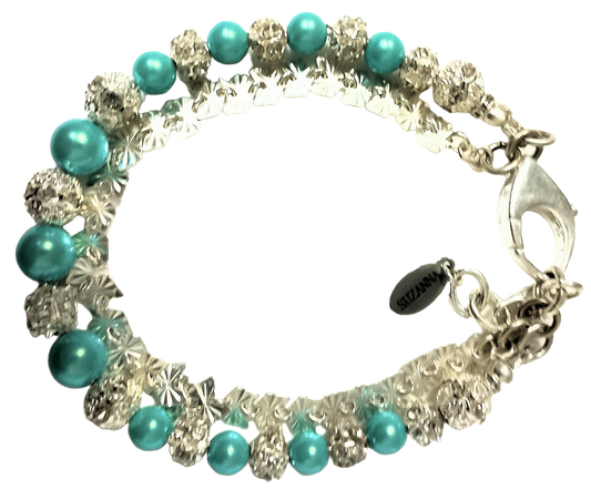 Iridescent Turquoise Green Czech Glass Crystal Pearls, Silver Filigree Beads & Sterling Silver Butterfly Chain Two-Strand Bracelet