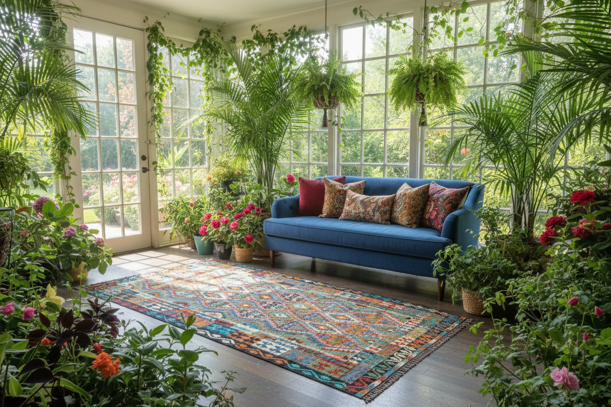 A bright sunroom or conservatory with a blue upholstered sofa surrounded by abundant green plants, hanging vines, and colorful flowers. A patterned area rug lies on the floor in front of the sofa, and large white-framed windows fill the background.