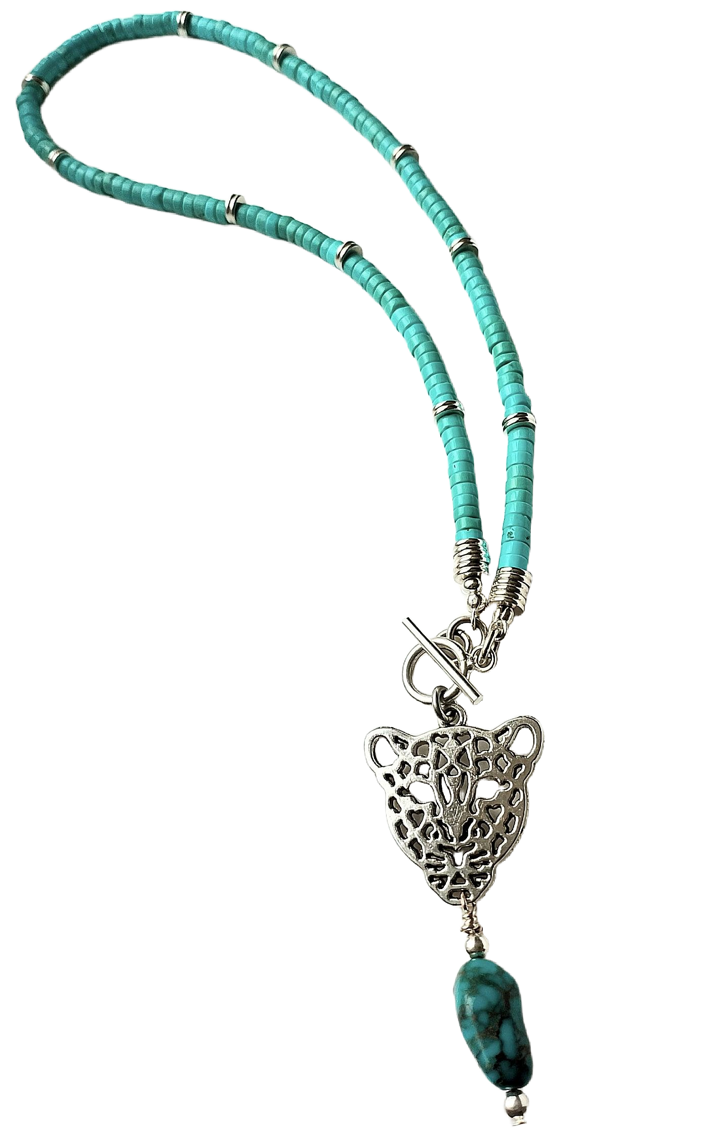 Fierce & Fabulous Silver-Plated Leopard Head Pendant with Natural Turquoise Nugget & Heishi Necklace