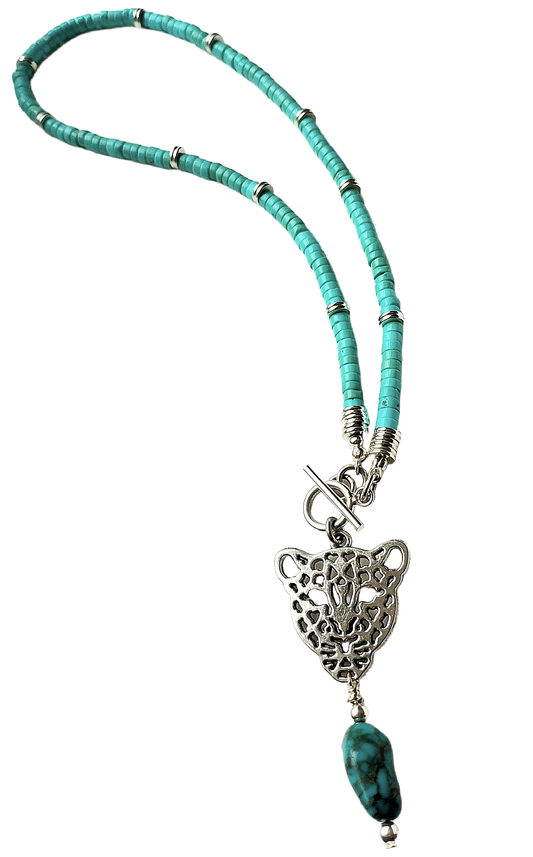 Fierce & Fabulous Silver-Plated Leopard Head Pendant with Natural Turquoise Nugget & Heishi Necklace