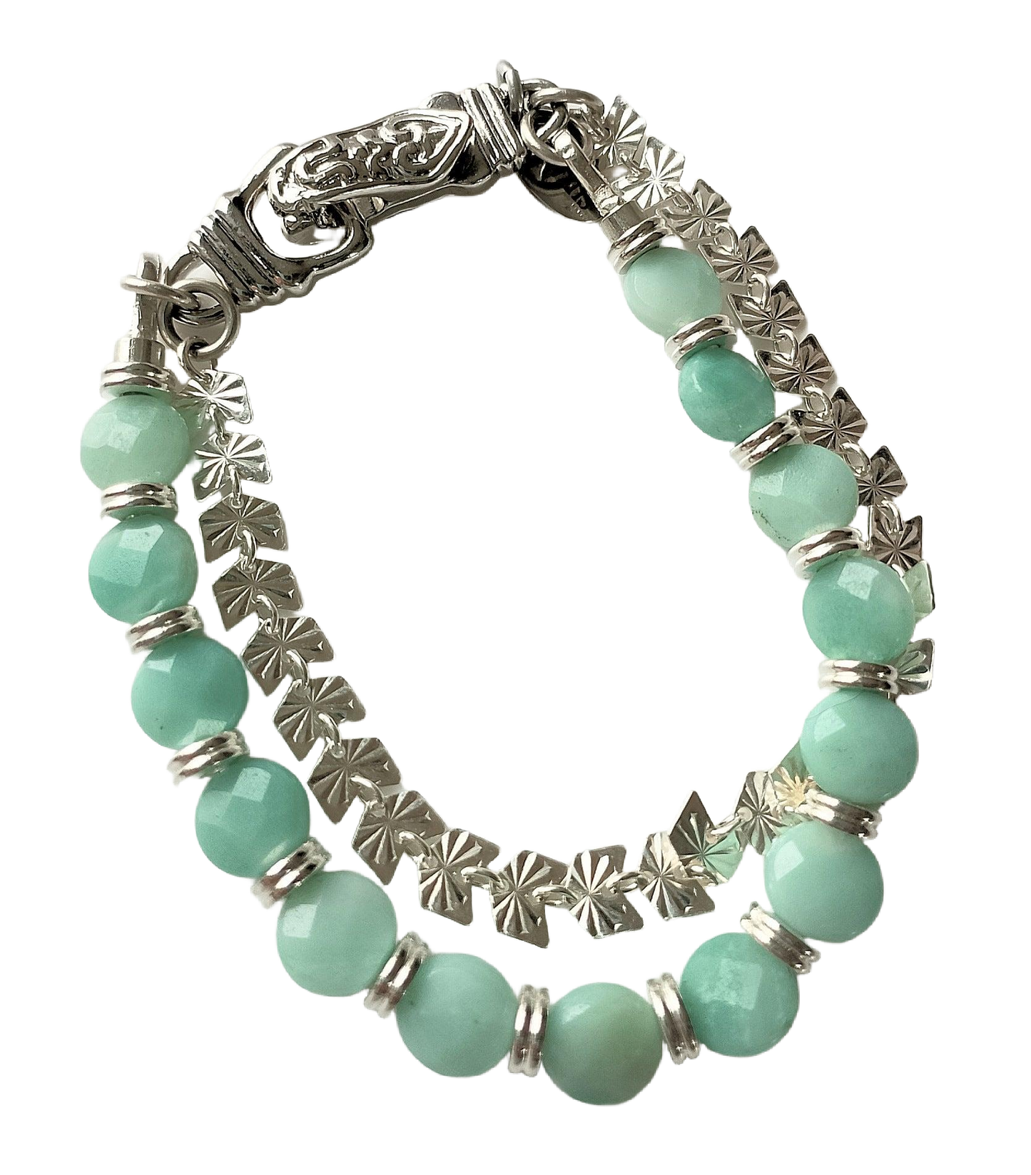 Amazonite Faceted Coin Bead & Sterling Silver Butterfly Chain Two-Strand Bracelet