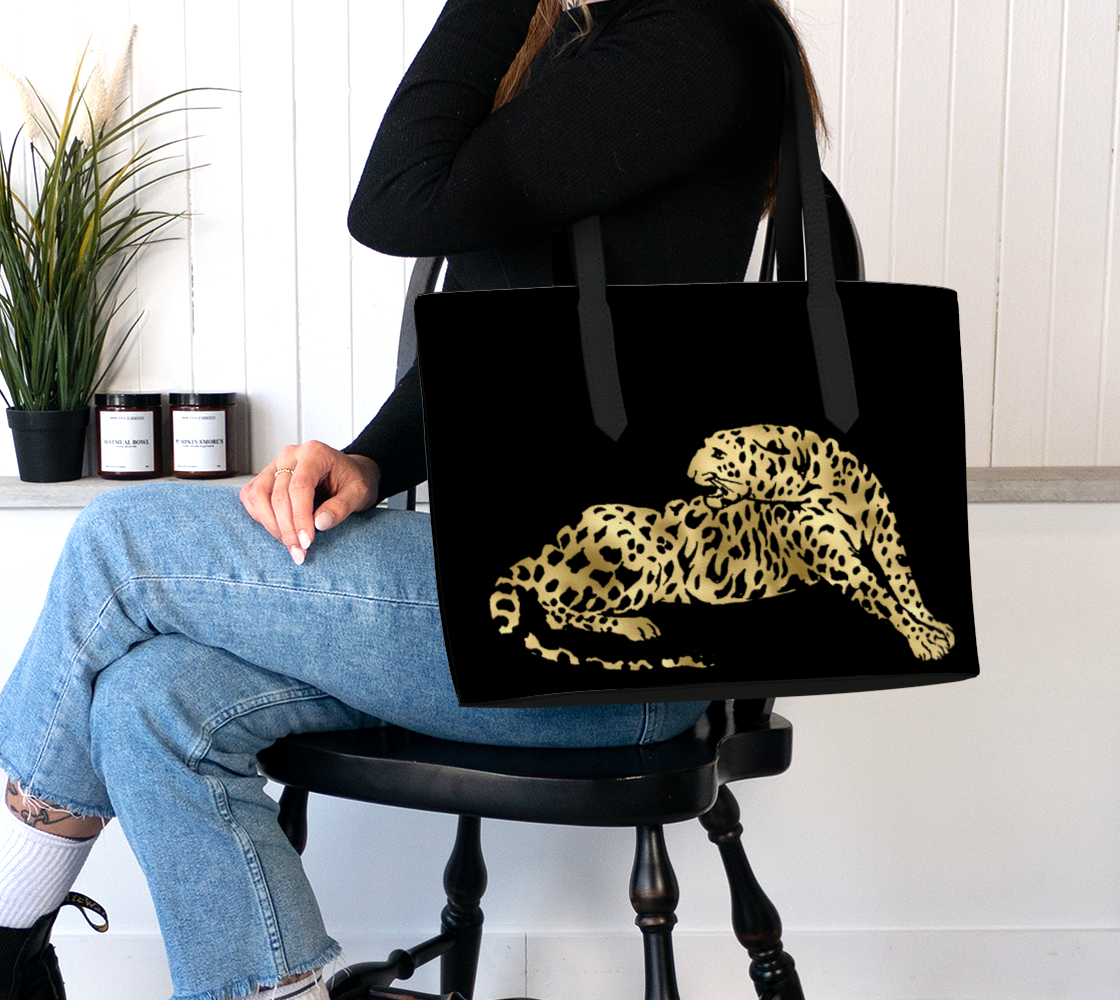 SDD Signature Leopard on Black Vegan Leather Tote Bag