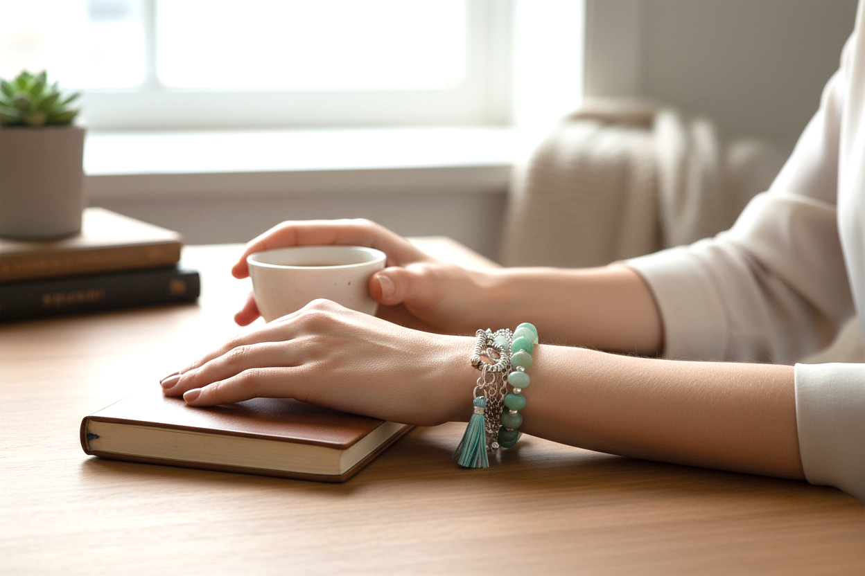 Amazonite Rondelle Bead & Two Chains and Charm Cluster Three-Strand Bracelet