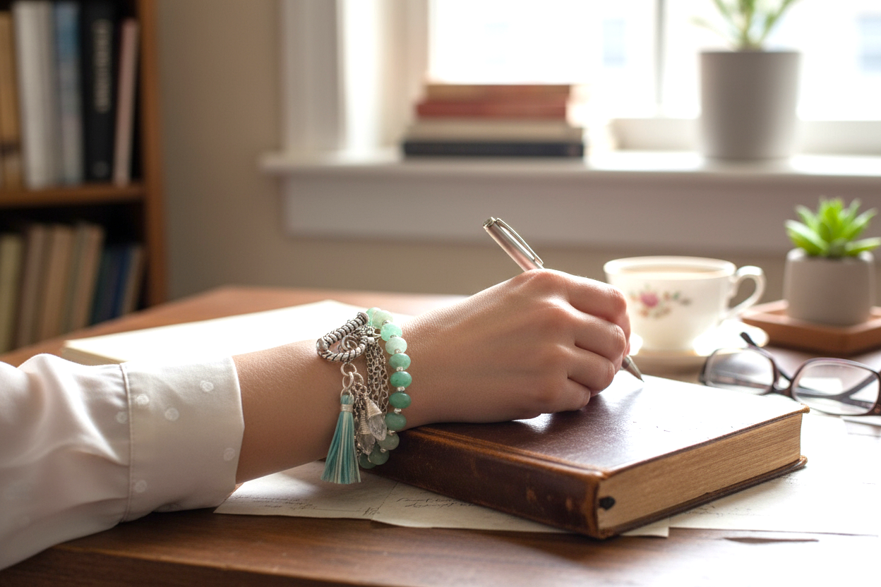 Amazonite Rondelle Bead & Two Chains and Charm Cluster Three-Strand Bracelet