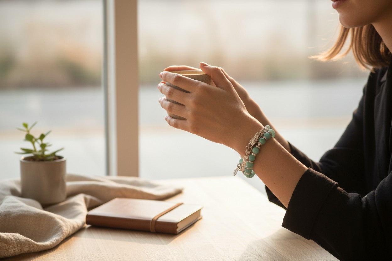 Amazonite Faceted Coin Bead & Sterling Silver Butterfly Chain Two-Strand Bracelet