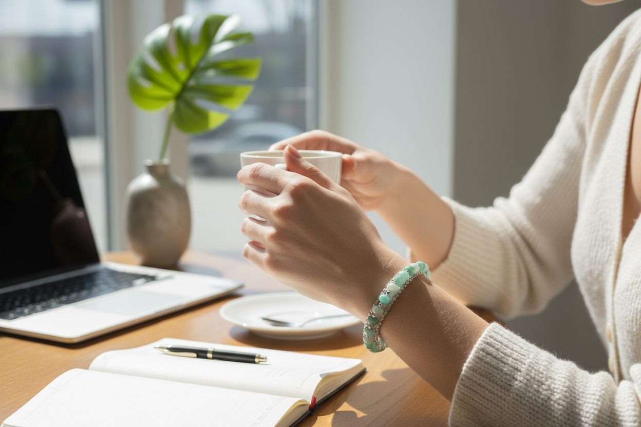 Amazonite Rondelle Bead & Two Chains and Charm Cluster Three-Strand Bracelet