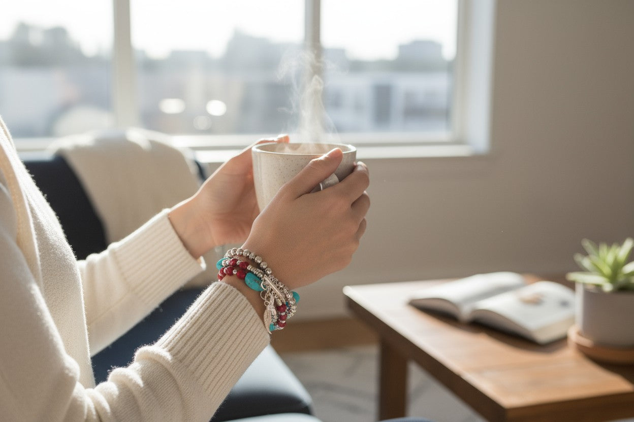 Natural Turquoise Stone, Czech Glass & Sterling Silver Beads Five-Strand Bracelet
