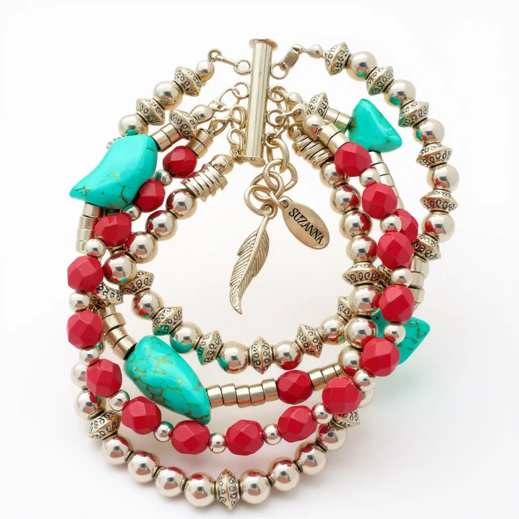 Natural Turquoise Stone, Czech Glass & Sterling Silver Beads Five-Strand Bracelet