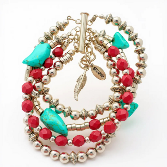 Natural Turquoise Stone, Czech Glass & Sterling Silver Beads Five-Strand Bracelet