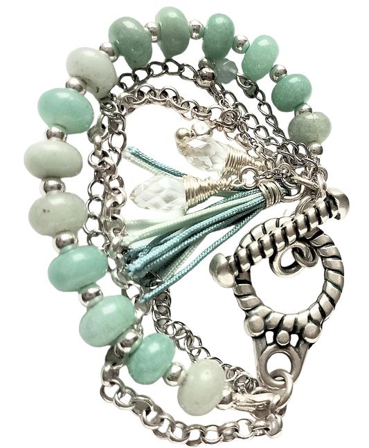 Amazonite Rondelle Bead & Two Chains and Charm Cluster Three-Strand Bracelet