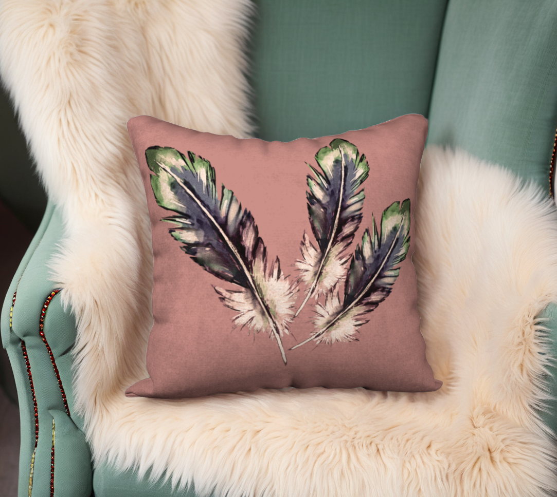 Three Feathers on Dusty Rose Velveteen Pillow Cover - 18" x 18"